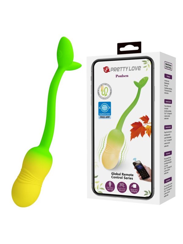 PRETTY LOVE HUEVO VIBRADOR PULSEN CONTROL APP 12 FUNCIONES RECARGABLE USB VERDE AMARILLO