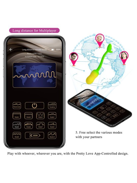 PRETTY LOVE HUEVO VIBRADOR PULSEN CONTROL APP 12 FUNCIONES RECARGABLE USB VERDE AMARILLO
