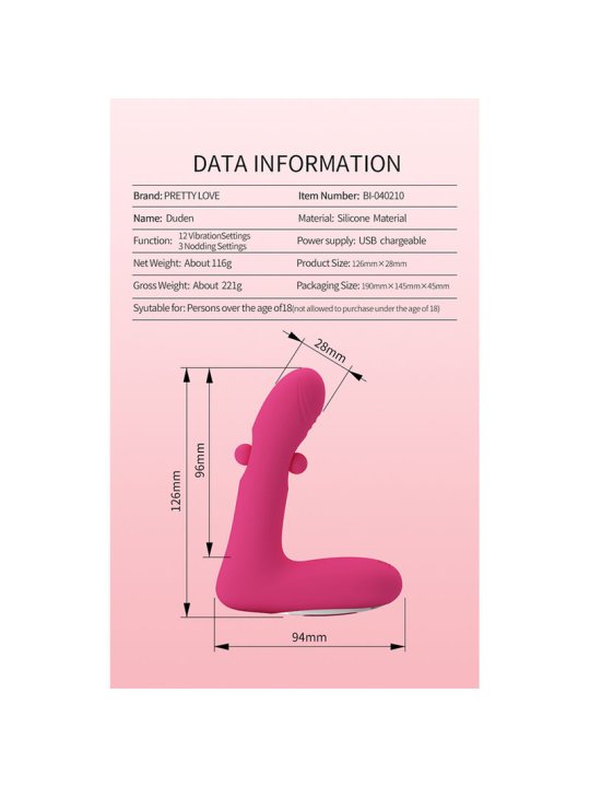 PRETTY LOVE DUDEN VIBRADOR DE SILICONA RECARGABLE 12 MODOS DE VIBRACION Y 3 MODOS DE BALANCEO ROSA