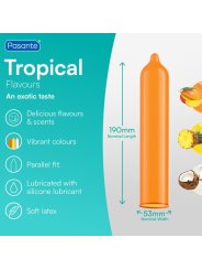 PASANTE TROPICAL PRESERVATIVOS CON SABORES MANGO PINA Y COCO 53 MM 144 UNIDADES