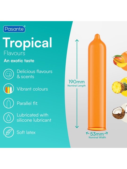 PASANTE TROPICAL PRESERVATIVOS CON SABORES MANGO PINA Y COCO 53 MM 144 UNIDADES