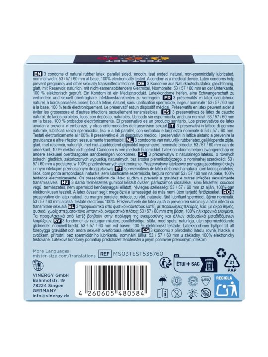 MISTER SIZE PACK MUESTRA PRESERVATIVOS TALLA 53 57 60 MM 3 UNIDADES