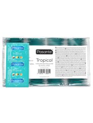 PASANTE TROPICAL PRESERVATIVOS CON SABORES MANGO PINA Y COCO 53 MM 144 UNIDADES BOLSA