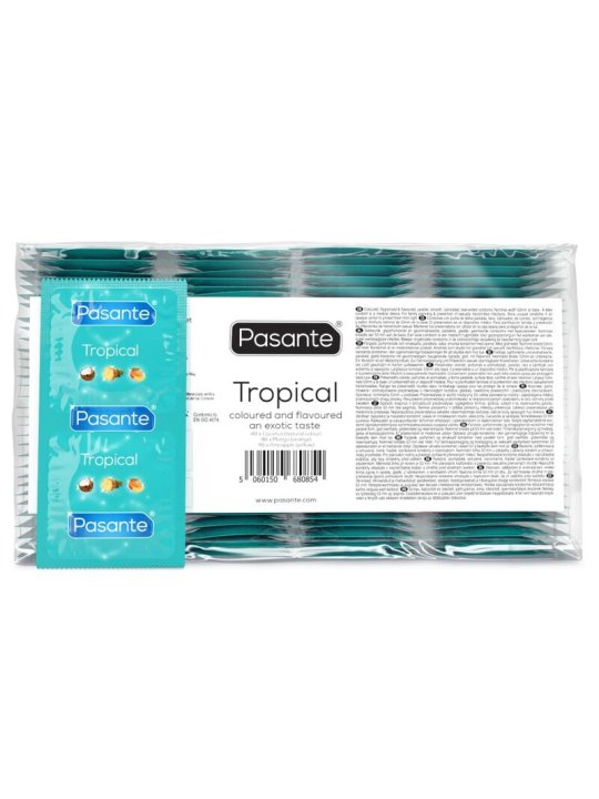 PASANTE TROPICAL PRESERVATIVOS CON SABORES MANGO PINA Y COCO 53 MM 144 UNIDADES BOLSA