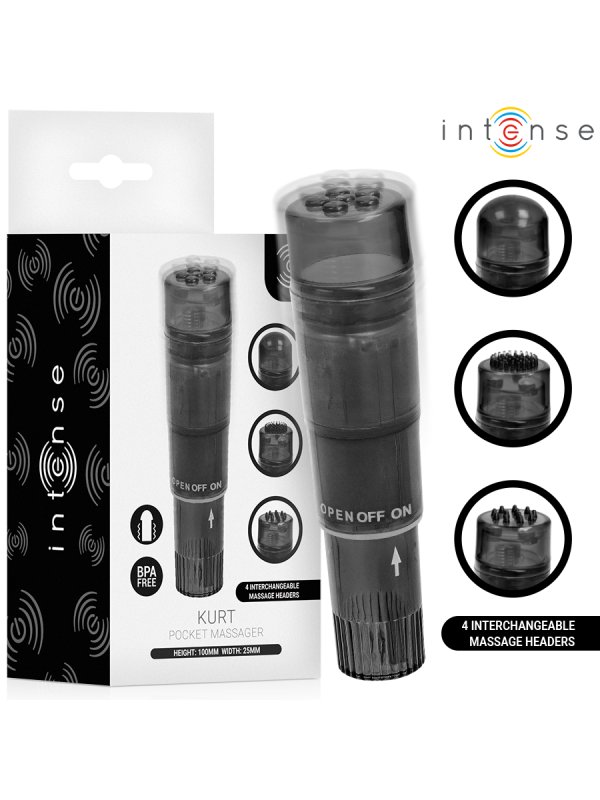 INTENSE KURT MINI MASAJEADOR CON 4 CABEZALES INTERCAMBIABLES NEGRO