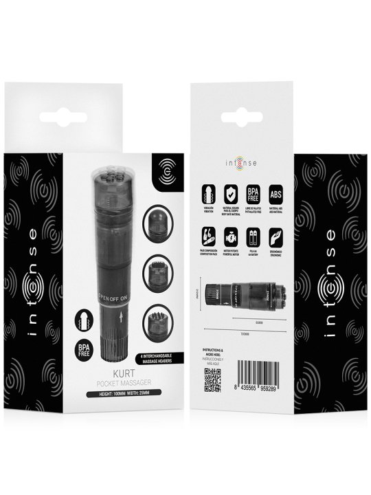 INTENSE KURT MINI MASAJEADOR CON 4 CABEZALES INTERCAMBIABLES NEGRO