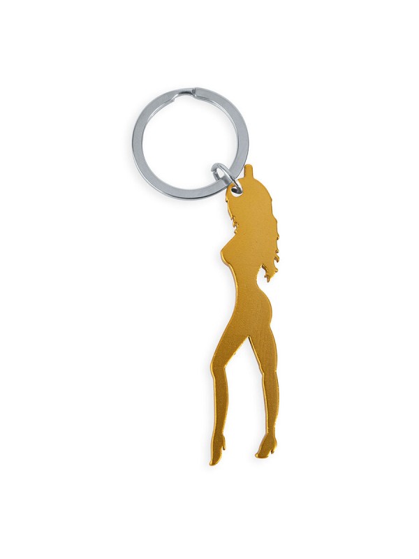 DIABLO PICANTE LLAVERO CON SILUETA DE MUJER COLOR DORADO CON ABRIDOR DE CERVEZA