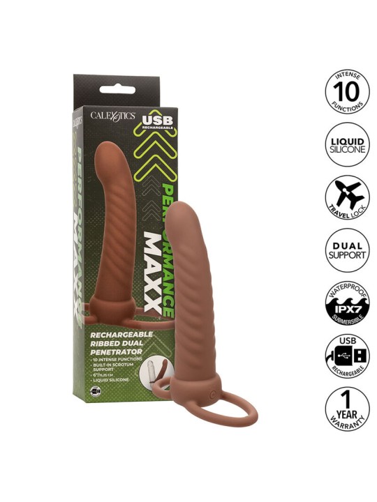 CALEXOTICS MAXX DOBLE PENETRADOR ACANALADO 10 VIBRACIONES MULATO