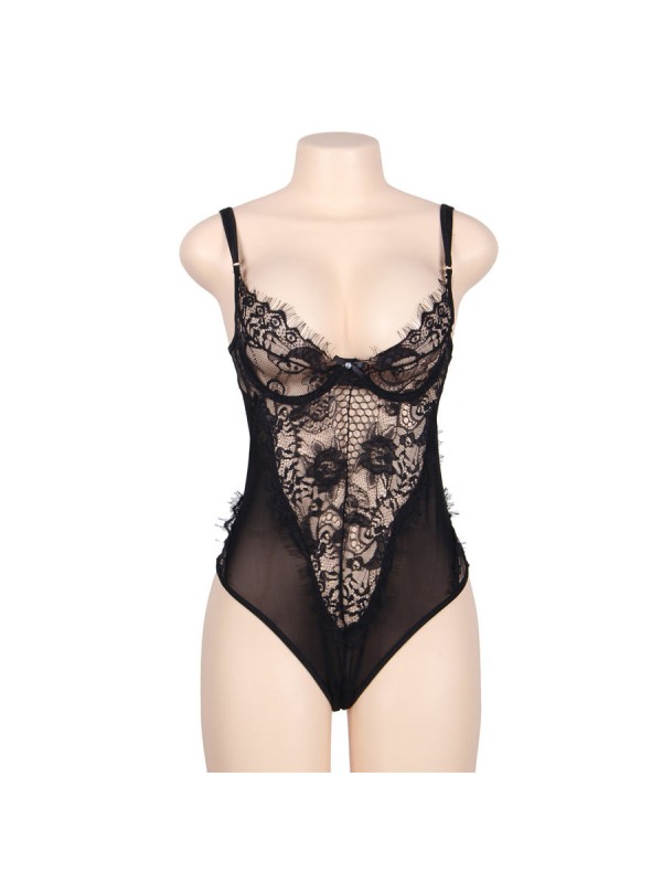 SUBBLIME TEDDY ENCAJE FLORAL Y CON FLECOS NEGRO TALLA GRANDE