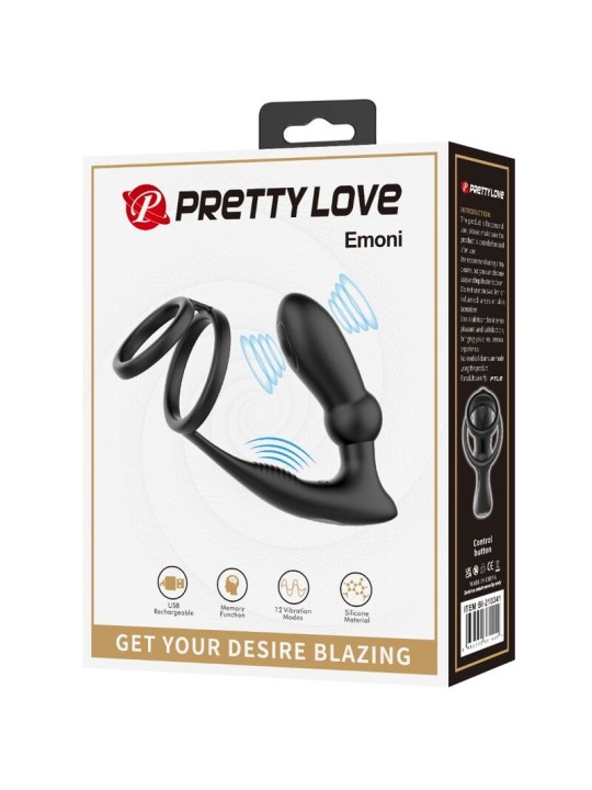 PRETTY LOVE EMONI ANILLO PENE PLUG ANAL 12 VIBRACIONES NEGRO