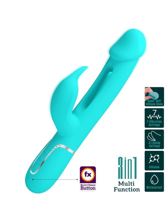 PRETTY LOVE KAMPAS VIBRADOR RABBIT 3 EN 1 MULTIFUNCION CON LENGUA VERDE AGUA