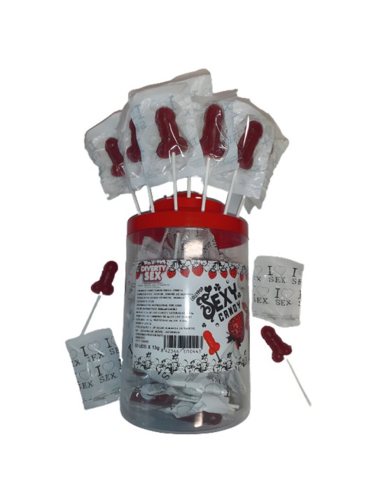 DIABLO PICANTE BOTE 50 PIRULETAS PITO CARAMELO FRESA Y CEREZA 50 UNIDADES