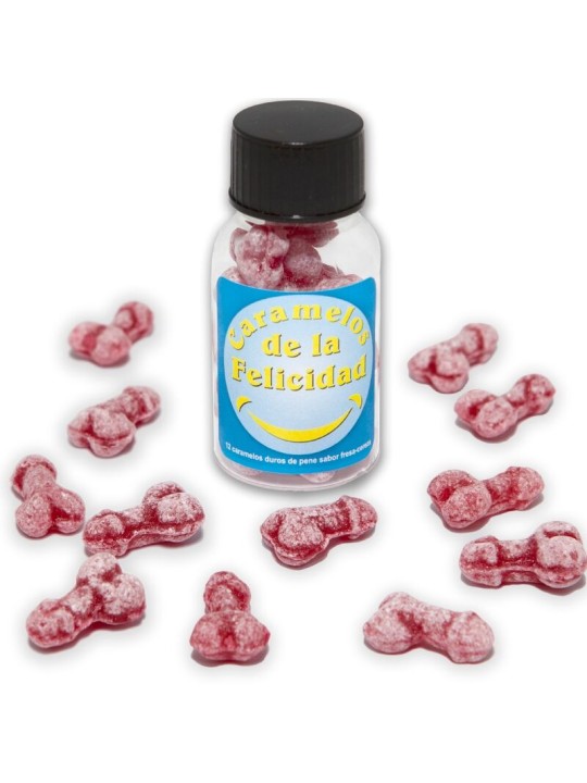 DIABLO PICANTE BOTE 12 CARAMELOS DE LA FELICIDAD FORMA PENE FRESA CEREZA