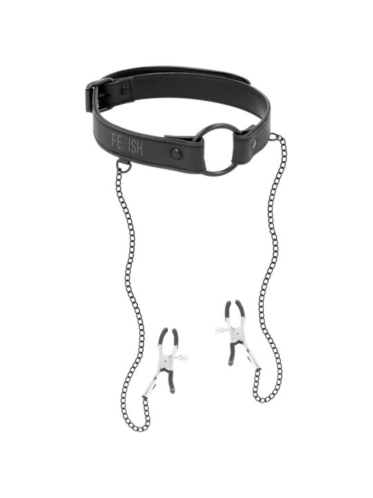 FETISH SUBMISSIVE ANILLA MORDAZA CON PINZAS PARA PEZONES