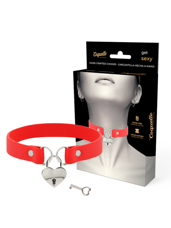 COQUETTE CHIC DESIRE COLLAR CUERO VEGANO ROJO ACCESORIO CORAZON CON LLAVE