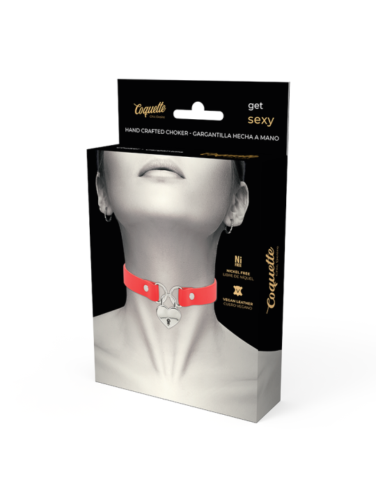 COQUETTE CHIC DESIRE COLLAR CUERO VEGANO ROJO ACCESORIO CORAZON CON LLAVE